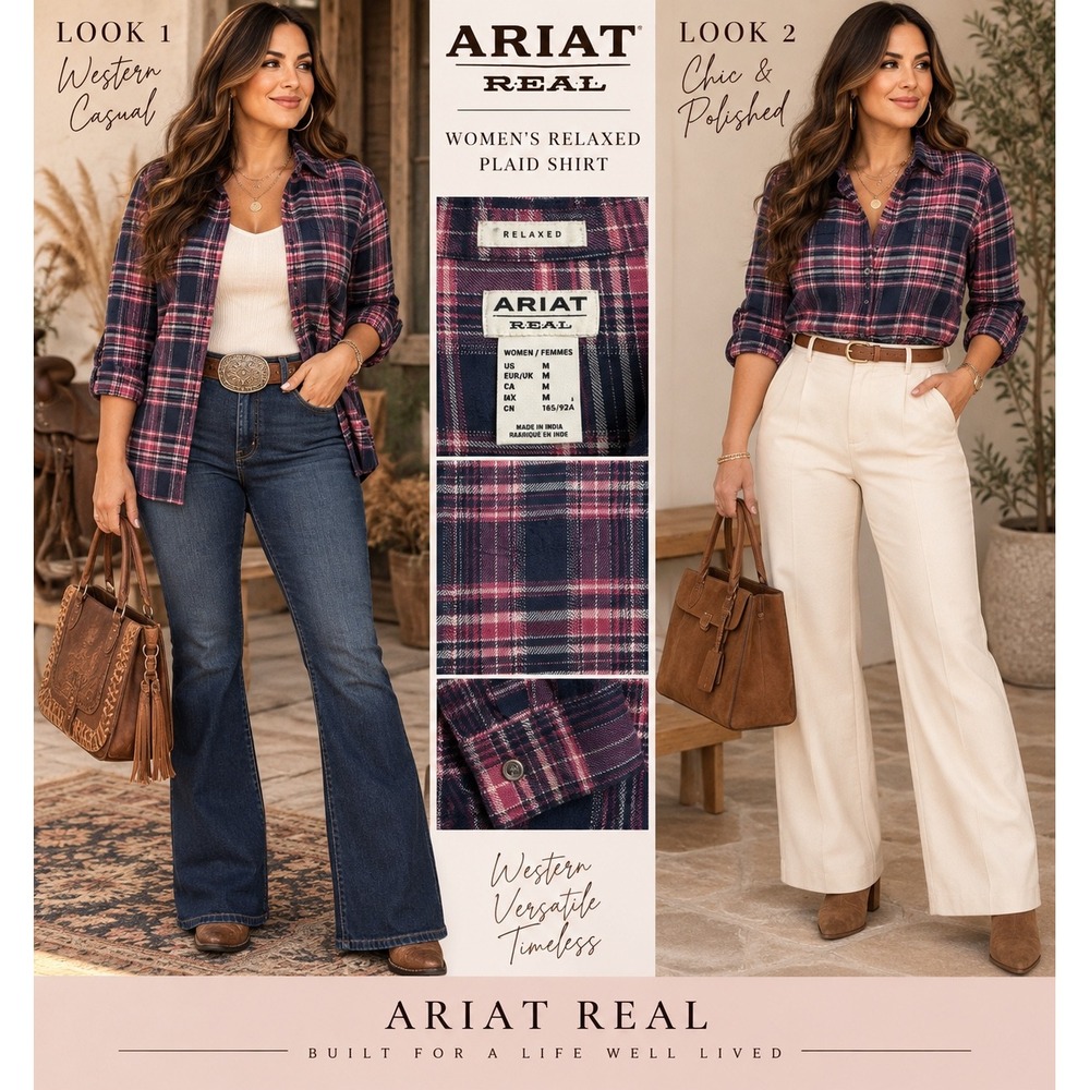 Ariat Real Relaxed Flannel Shirt Womens Medium Pink Navy Blue Plaid Button Up